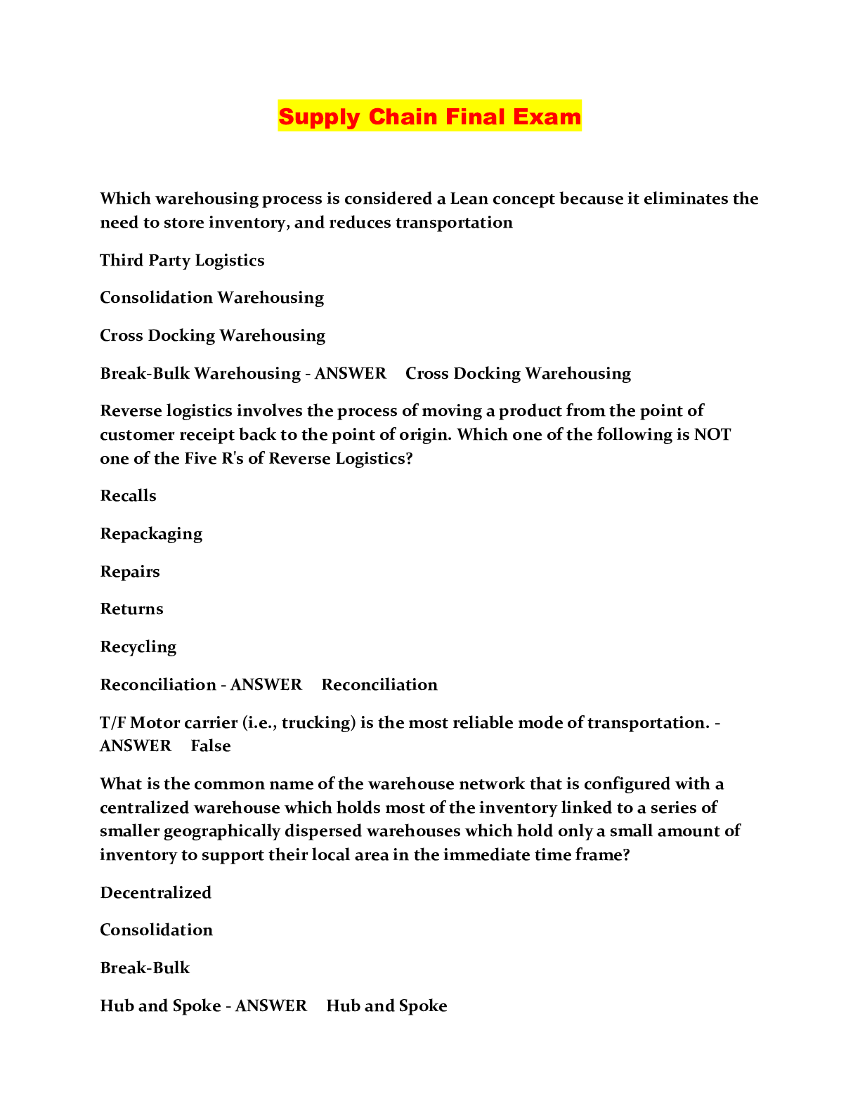Supply Chain Final Exam Browsegrades